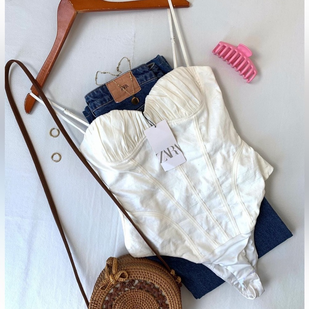 Zara NWOT linen blend ruched bust bustier top corset style ivory white bodysuit - Picture 1 of 7